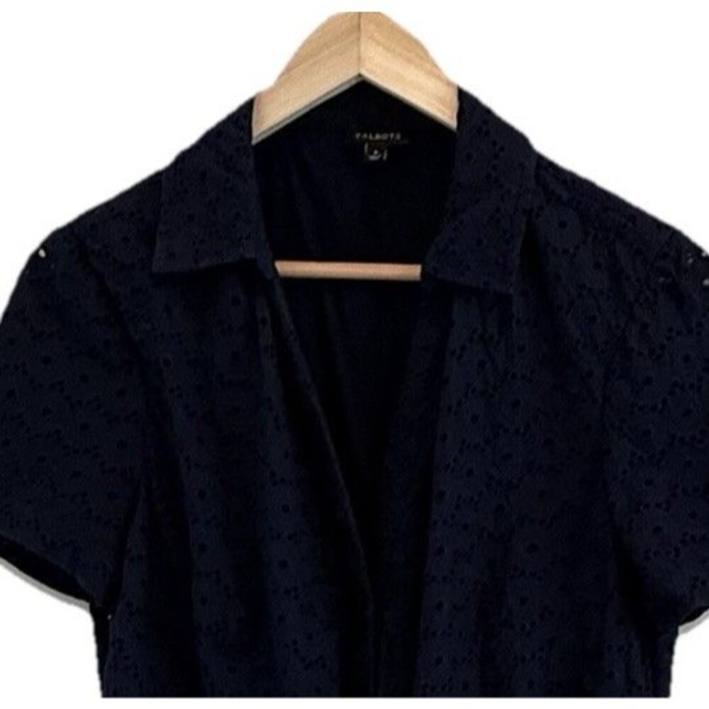 Talbots Shirt Dress 8 Navy Blue Eyelet Midi Academia June Cleaver Vtg Aesthetic - Picture 5 of 8